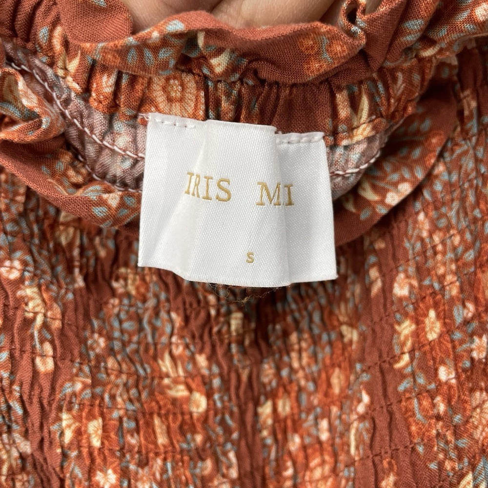 Iris Mi Size Small Smocked Mini Dress Rust Floral Boho Puff Sleeve Women - Picture 6 of 8